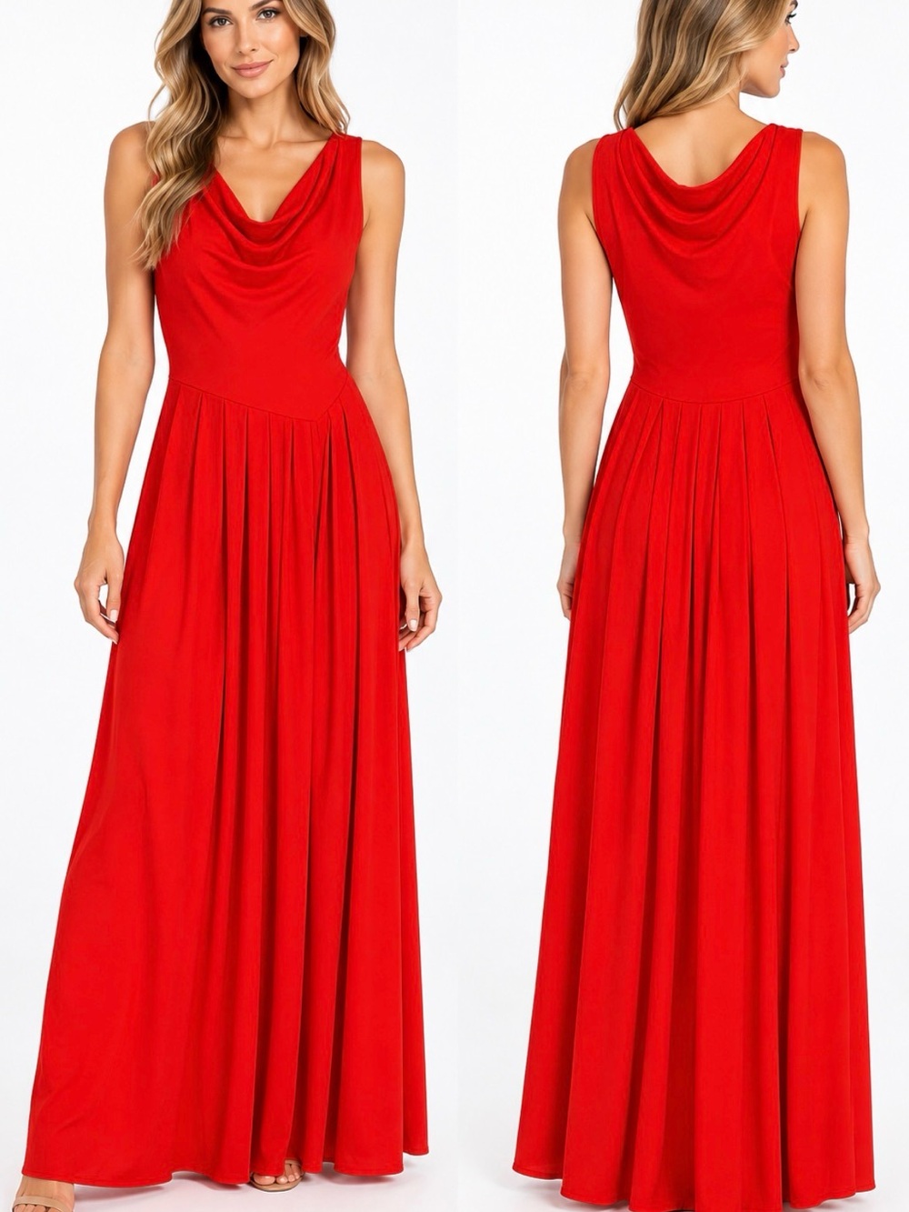 -Red Cowl Neck Sleeveless Pleated Maxi Dress Size Small Stretch
